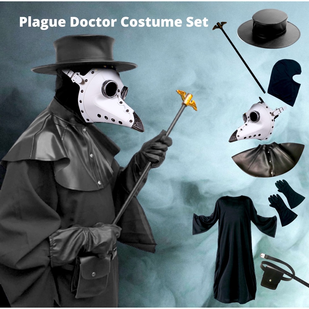 Plague Doctor Halloween Party Cosplay Costume Set with Mask, Robe, Hat Accessory